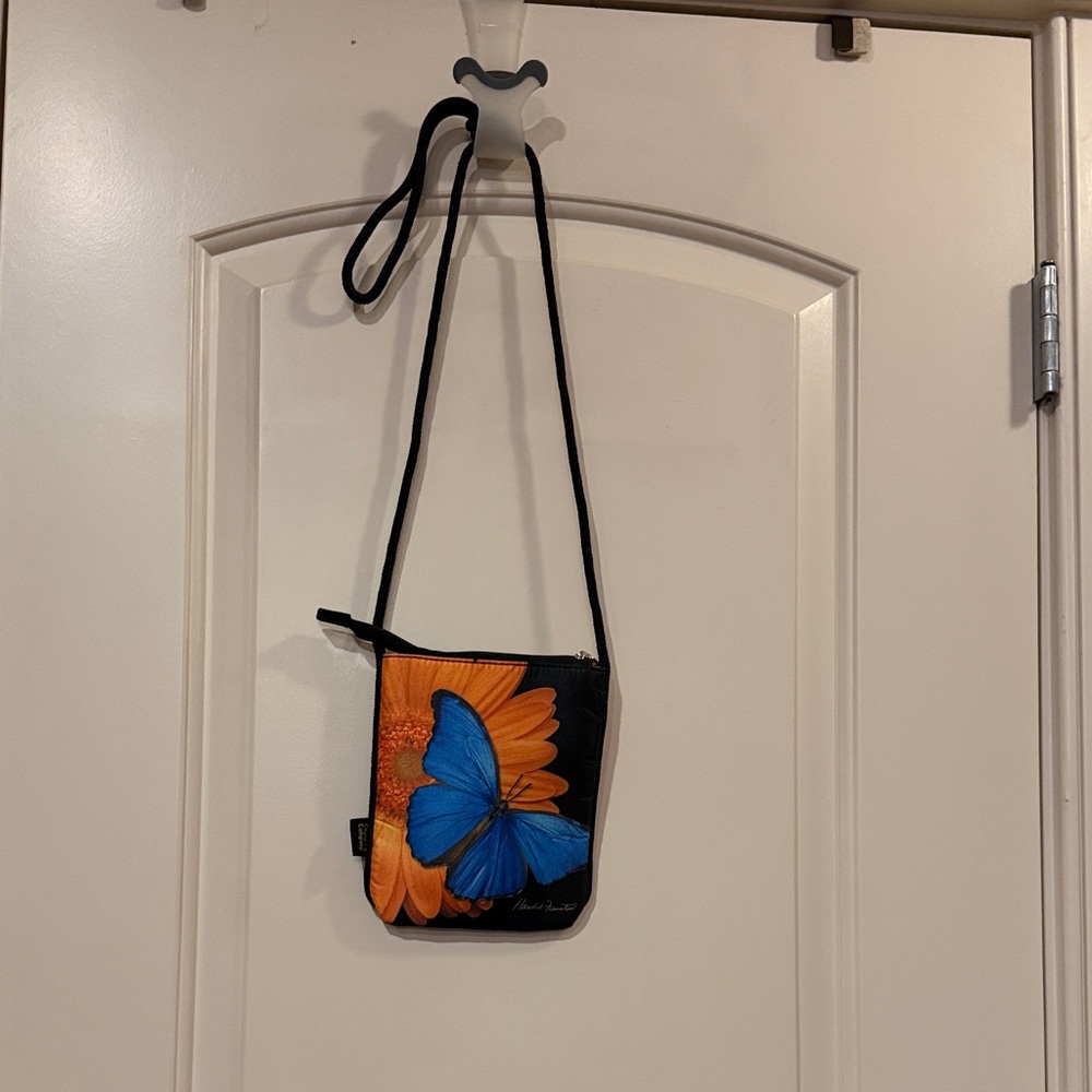 Harold Feinstein Designed Blue and Orange Butterfly Crossbody Bag